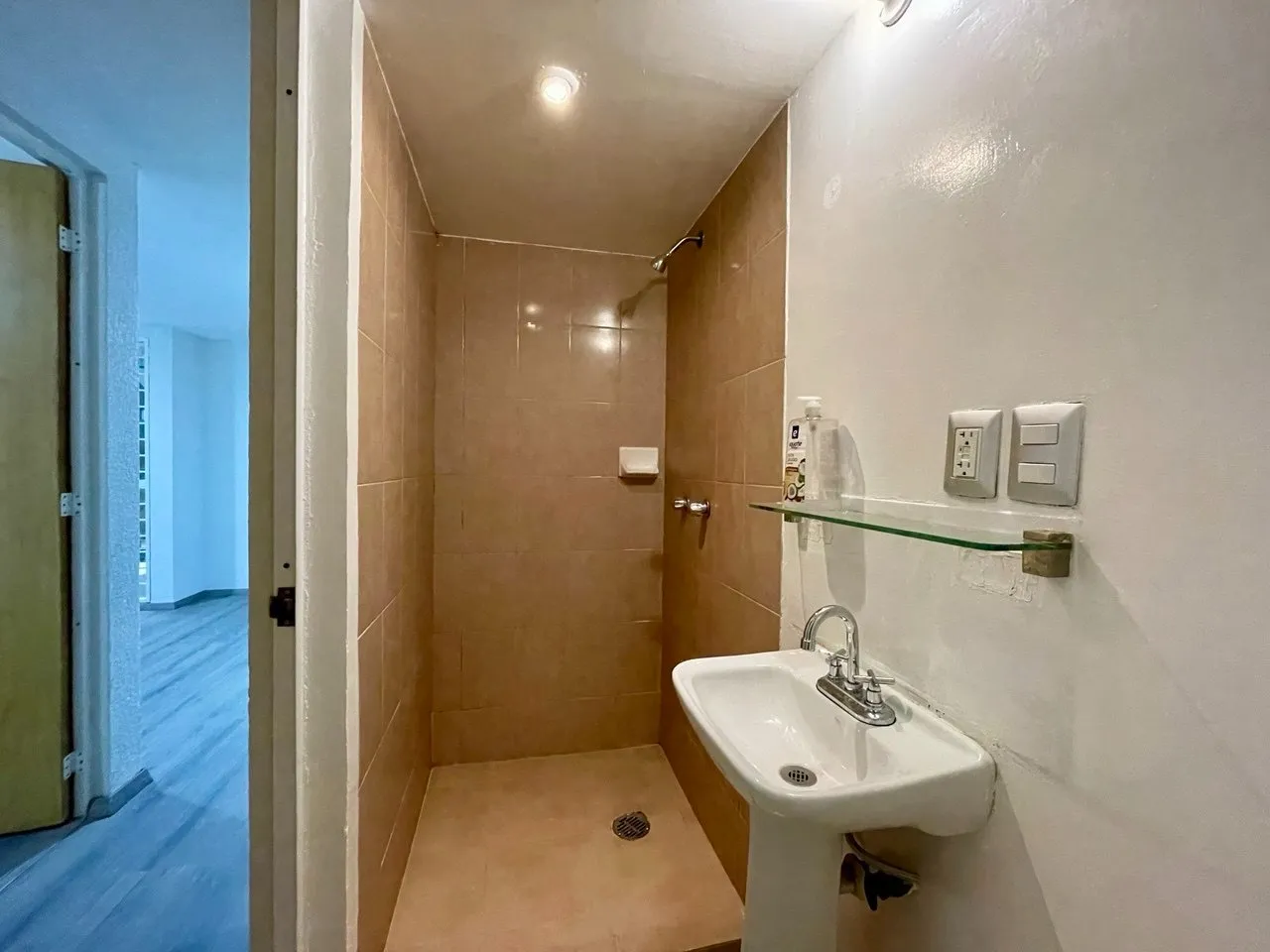 Baño con regadera y lavabo de pedestal
