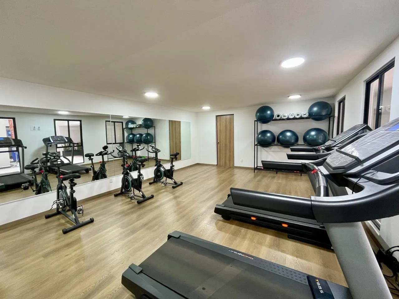 Gimnasio del edificio con caminadoras y bicicletas
